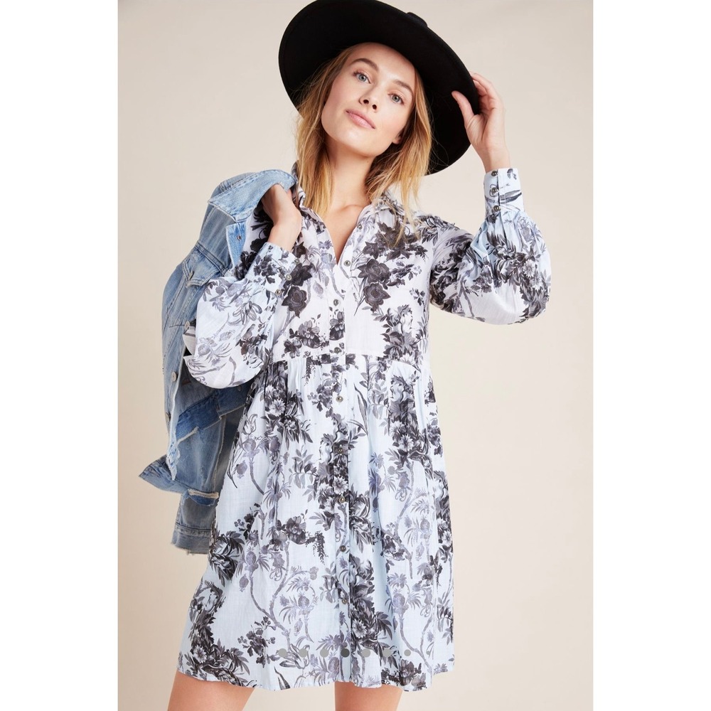 Anthropologie Lavinia Embroidered Blue White‎ Floral Cotton Shirt Dress Size 8
